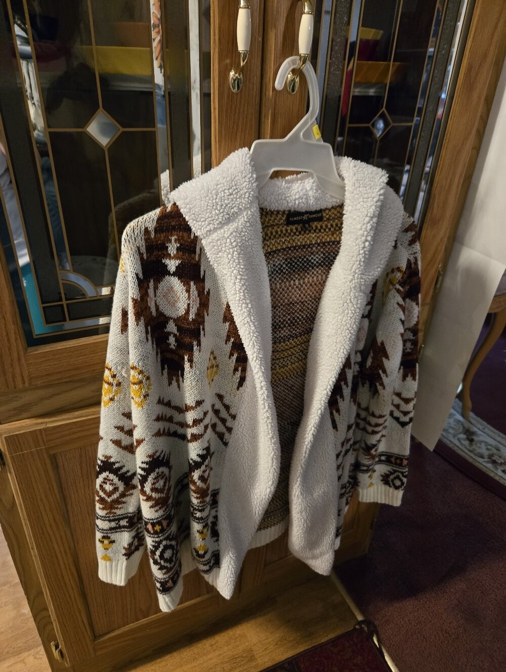 Almost Famous White Sherpa Aztec Cardigan with Brown and Yellow Accents Pull On